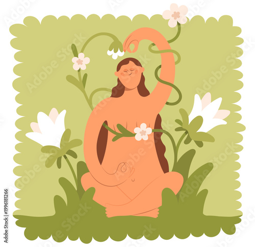 A beautiful naked woman is sitting on the grass with flowers. the plants are shaped like a heart.