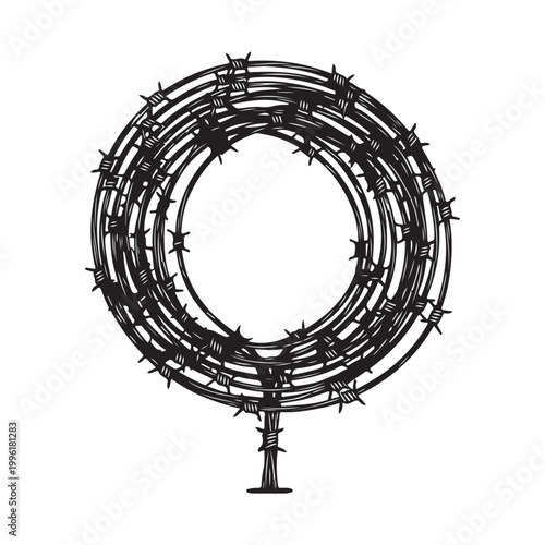 Hand drawn barbed wire female symbol illustration isolated on white background for social issues and feminism concepts