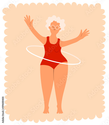 An elderly woman in a red swimsuit is exercising with a hula hoop Flatstyle illustration