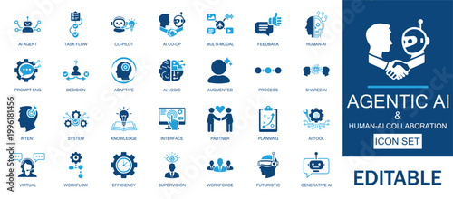 Agentic AI and Human-ai Collaboration icon set. Includes autonomous agents, workflow, robot, human, cyber, future, and smart technology. Professional for future workforce and augmented intelligence.