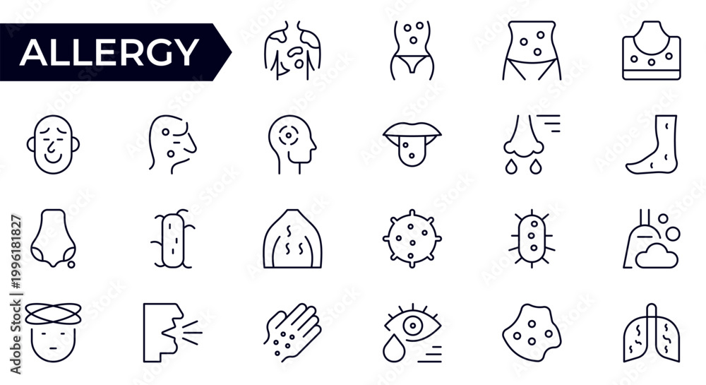 Fototapeta premium Allergy and Disease Line Icon Set for Medical Symptoms, Health Care, Infection, Virus, Treatment, Diagnosis and Healthcare Awareness Outline Vector Collection