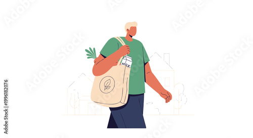 Person carrying bag, eco friendly shopping, daily commute, illustration
