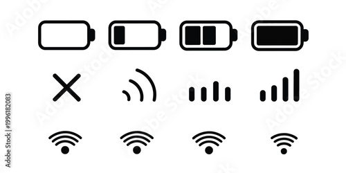 Smartphone status bar icon vector illustration set featuring battery, WiFi, and 5G signal symbols for mobile interface and UI design