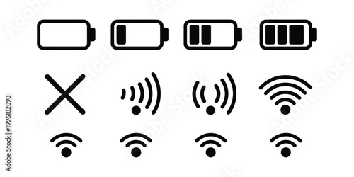 Smartphone status bar icon vector illustration set featuring battery, WiFi, and 5G signal symbols for mobile interface and UI design