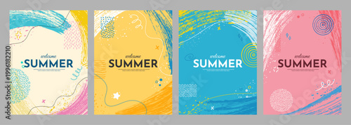 Vector illustration. Bright background. Paint brush strokes and hand drawn doodle elements. Trendy abstract color design for book cover, brochure, magazine, poster, flyer. Colorful childish style