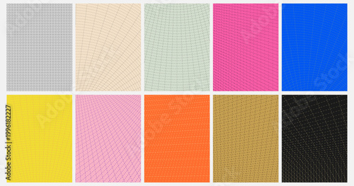 Vector illustration. Bright background. Warped perspective grids with dashed lines. Trendy abstract design for book cover, brochure, magazine, poster, flyer. Vibrant geometric pattern collection