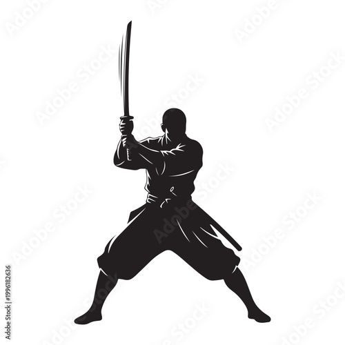 Samurai warrior silhouette holding katana sword in martial arts stance isolated on white background vector illustration