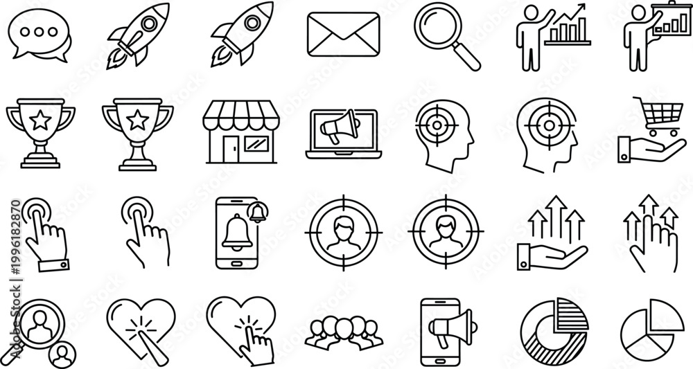 Fototapeta premium Business Growth and Marketing Line Icon Set with Startup, Analytics, Targeting, Communication, Sales Funnel and Customer Engagement Vector Illustration Collection