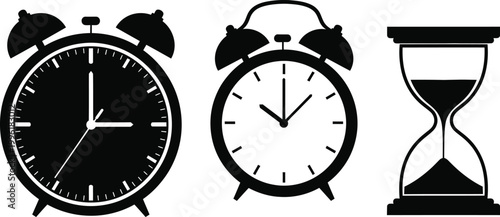Black and white alarm clocks and hourglass illustration isolated on white background, Vector
