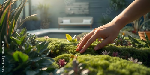Human hand reaching out to touch soft moss in a sunny modern courtyard, mindfulness and nature connection.