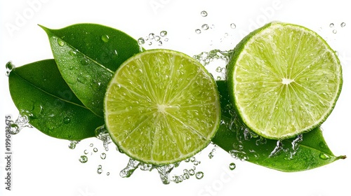 Fresh lime wedge slices with a green leaf and water droplets on a white background.