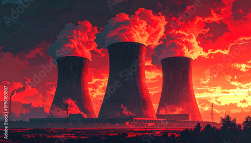 Industrial power plant emissions at sunset