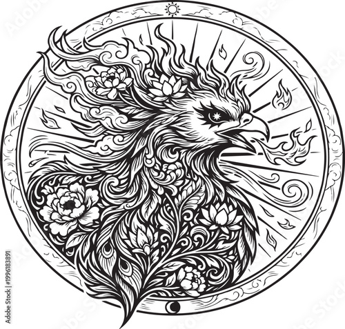 Intricate Phoenix Rising and Floral Mandala Art