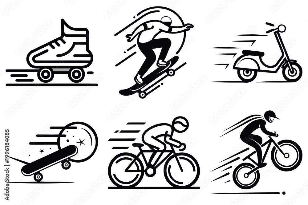 Naklejka premium Extreme sports and urban mobility icons including skateboarding cycling scooter and roller skating symbols in modern black line style.