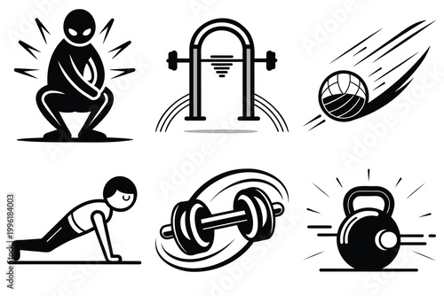 Gym and fitness icons collection featuring a person doing squats a barbell rack a volleyball a plank exercise heavy dumbbells and kettlebell.