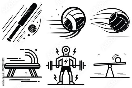 Graphic collection of sports equipment icons featuring a baseball bat a volleyball a gymnastic pommel horse a weightlifter and a balance beam.