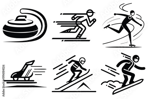 Set of six black and white winter sports icons featuring a curling stone a speed skater a skier and a snowboarder on white background.
