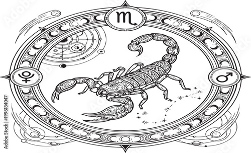 Intricate Scorpio Zodiac Circle Engraving Art