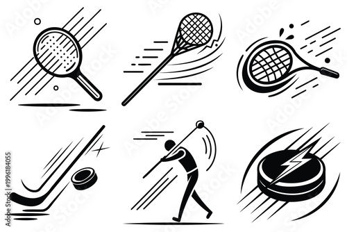 Collection of six black and white sports icons featuring tennis rackets a lacrosse stick a hockey stick and a puck on white background.