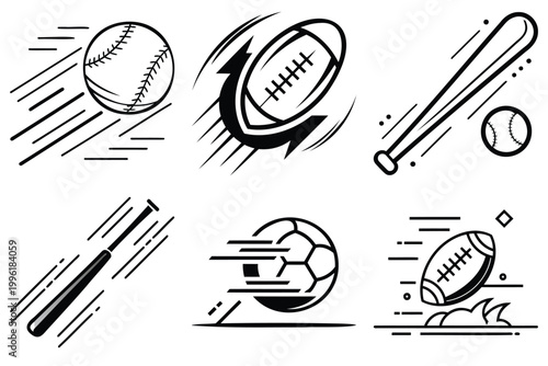Collection of sports icons featuring a baseball a football a baseball bat and a soccer ball illustrations on simple white background design.