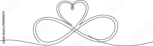 A simple black and white line drawing showcases an intertwined infinity symbol and a heart shape symbolizing eternal love and infinite connection.