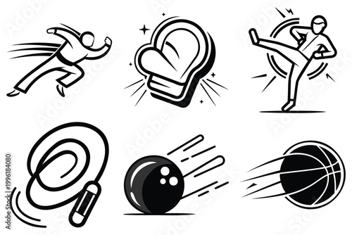 Martial arts combat and ball sports icon collection featuring karate kick bowling basketball and jump rope minimalist line art design.