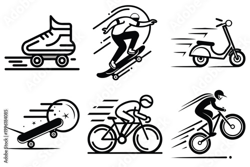 Extreme sports and urban mobility icons including skateboarding cycling scooter and roller skating symbols in modern black line style.