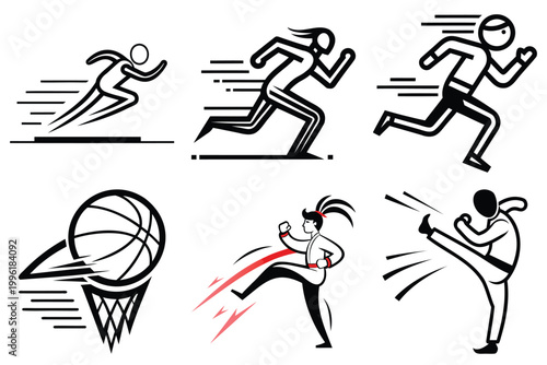 Athletic running and martial arts icons set including sprinters and karate fighters in stylized black line graphics for sport designs.