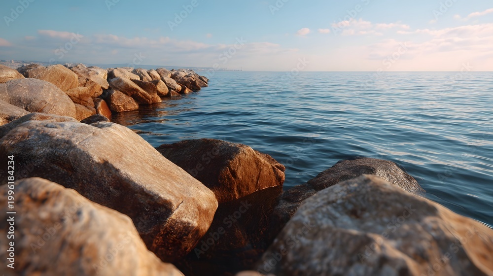 Naklejka premium Textured rocks line the shore meeting the calm expansive water under a softly lit sky at the coast