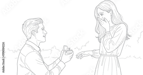 A man proposes to a crying woman with a ring in an open box while she is about to accept his proposal.