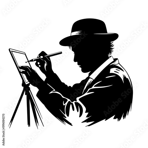 Artist Silhouette Drawing on Tablet with Stylus