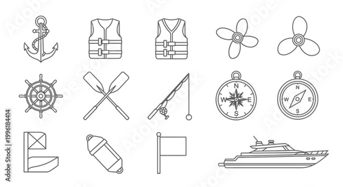Minimalist boat and maritime equipment line icons collection