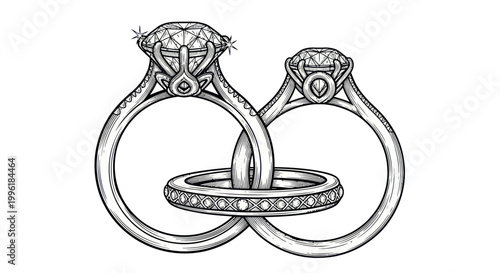 Two Diamond Engagement Rings Intertwined, Symbolizing Love and Marriage