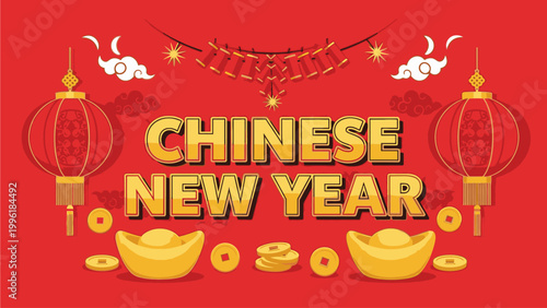 Digital illustration of Chinese New Year greeting with golden coins and lanterns on red background.