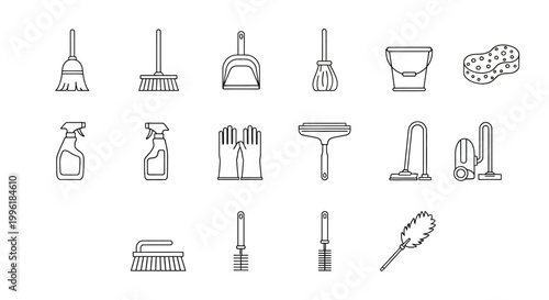 Minimalist cleaning tool line icons on white background