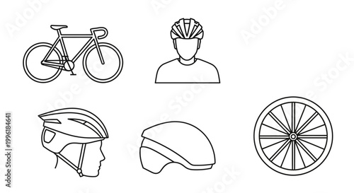 Minimalist cycling icon set with bicycle helmet and wheel