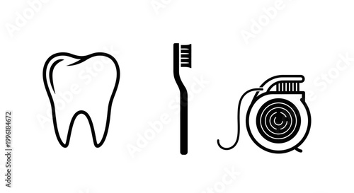 Minimalist dental care icons featuring tooth toothbrush and floss