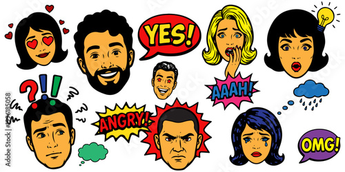 Pop art people faces and emotions collection. Comic style vector stickers with characters expressing love, anger, surprise, and sadness isolated