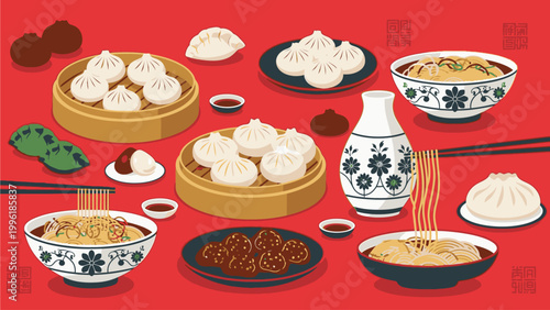 Flat lay of various traditional Chinese dishes including dumplings and noodles on a red table with ceramic bowls and chopsticks.