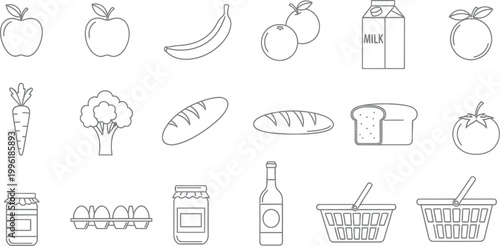 A diverse collection of clean outline icons representing various grocery items, including fruits, vegetables, dairy, bread, and shopping essentials for shopping concepts.