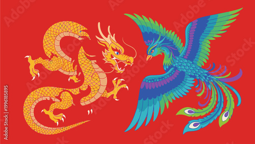 Vibrant illustration of a golden dragon and a colorful phoenix in mid-flight against a bold red background with mythical creatures.