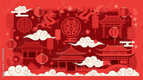 Vibrant red and white illustration of traditional Chinese architecture and symbols with clouds and lanterns on a solid red background.