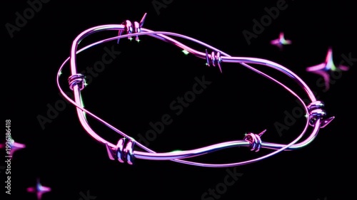 Abstract twisted metallic barbed wire motion video. Iridescent chrome, holographic Y2K style, looped 3D animation on black background, futuristic retro design
