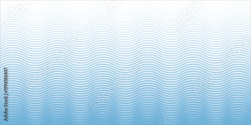 Blue wave texture gradient. Fading curved linear halftone gradation. Wavy water lines pattern wallpaper. Thin to thick undulate stripes background for overlay, print, cover, graphic design. Vector