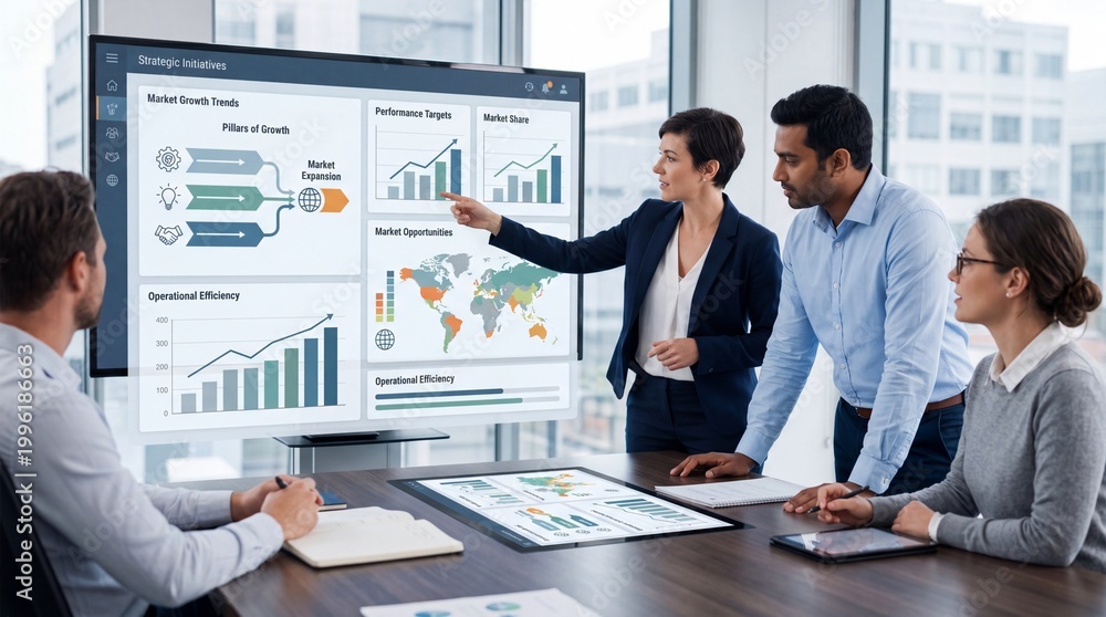 Naklejka premium A diverse team engaged in a corporate strategy meeting with analytical visuals displayed on a large screen