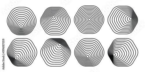 Eight Minimalist Abstract Rounded Hexagonal Geometric Vector Shapes Featuring Concentric Linear Patterns with Dynamic Off-Center Origin Points for Graphic Design.