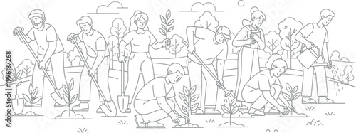 Diverse group of people actively participating in a community tree planting event, demonstrating environmental stewardship and teamwork for a greener planet.