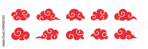 Traditional red Chinese cloud motif vector set featuring stylized oriental swirling clouds, auspicious crimson sky symbols, and zen cloud silhouettes