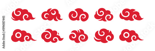 Traditional red Chinese cloud motif vector set featuring stylized oriental swirling clouds, auspicious crimson sky symbols, and zen cloud silhouettes