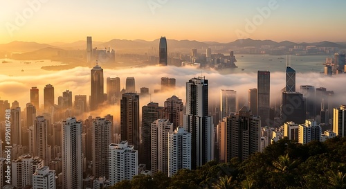 Aerial view of hong kong city skyline with fog and mist at sunrise, victoria harbour and skyscrapers in golden light
